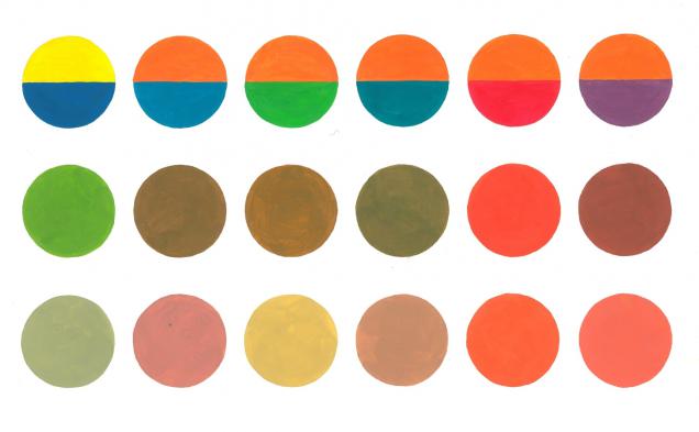 Таблица 12. Различия механического и оптического смешения цветов. 1 ряд — смешиваемые цвета, 2 ряд — механическое смешение, 3 ряд — оптическое смешение.
