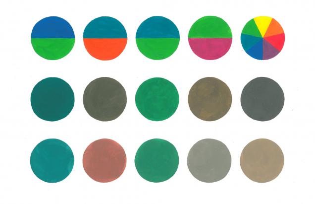Таблица 15. Различия механического и оптического смешения цветов. 1 ряд — смешиваемые цвета, 2 ряд — механическое смешение, 3 ряд — оптическое смешение.