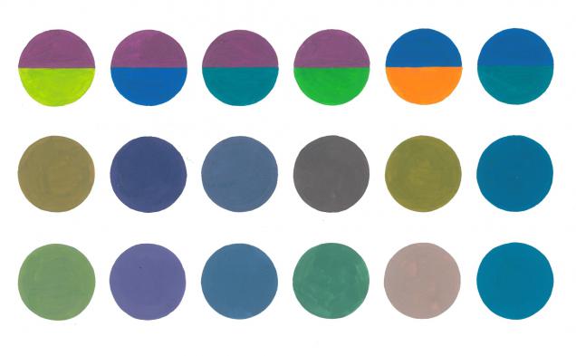 Таблица 14. Различия механического и оптического смешения цветов. 1 ряд — смешиваемые цвета, 2 ряд — механическое смешение, 3 ряд — оптическое смешение.