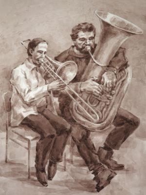 «На тромбоне и трубе». Бумага, сепия. 2012 г.